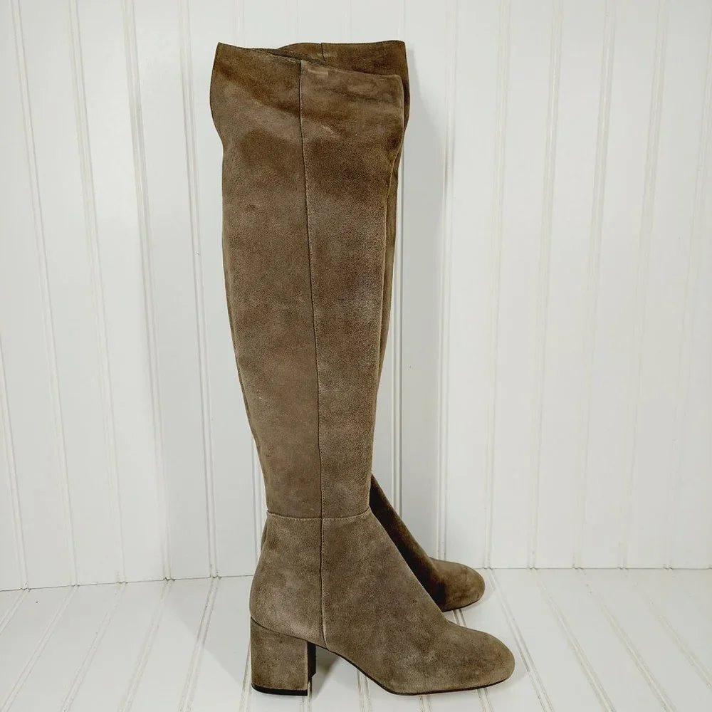 Halogen Over the Knee Taupe Tan Suede Leather Elastic Heeled Tall Boots B156